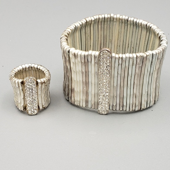 Silver & Rhinestone Stretch Bracelet and Ring Set - Picture 2 of 8